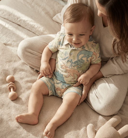Sweet Bamboo Polo Romper - Neon Dino