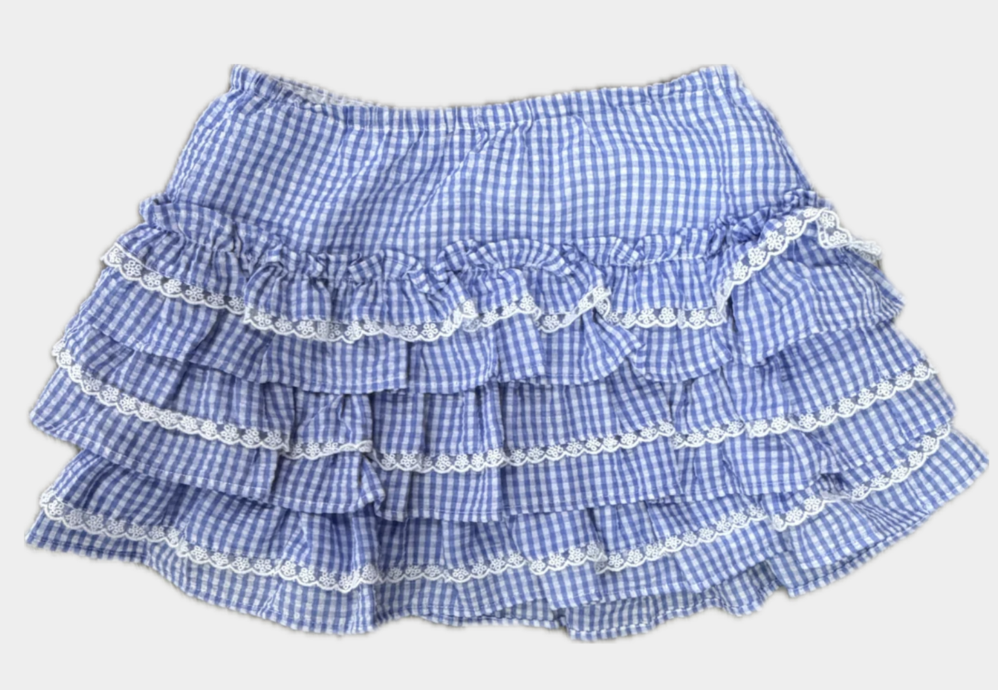 Peach Love Blue Gingham Ruffle Lace Trim Mini Skirt