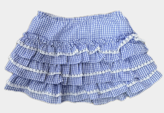 Peach Love Blue Gingham Ruffle Lace Trim Mini Skirt