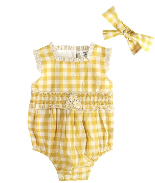 Viverano Lucy Gingham Smocked Romper & Headband