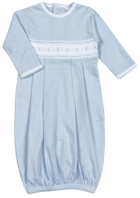 Baby Loren Tim Blue Stripes Hand Smocked Pima Gown
