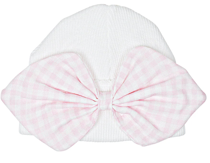 Paty Knit Saylor  Beanie w/Bow Pink Gingham- Preemie