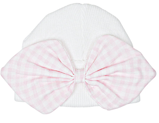 Paty Knit Saylor  Beanie w/Bow Pink Gingham- Preemie