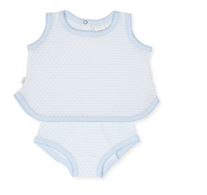 Paty Knit Two-Piece Sleeveless Diaper Set Blue w/Blue Trim