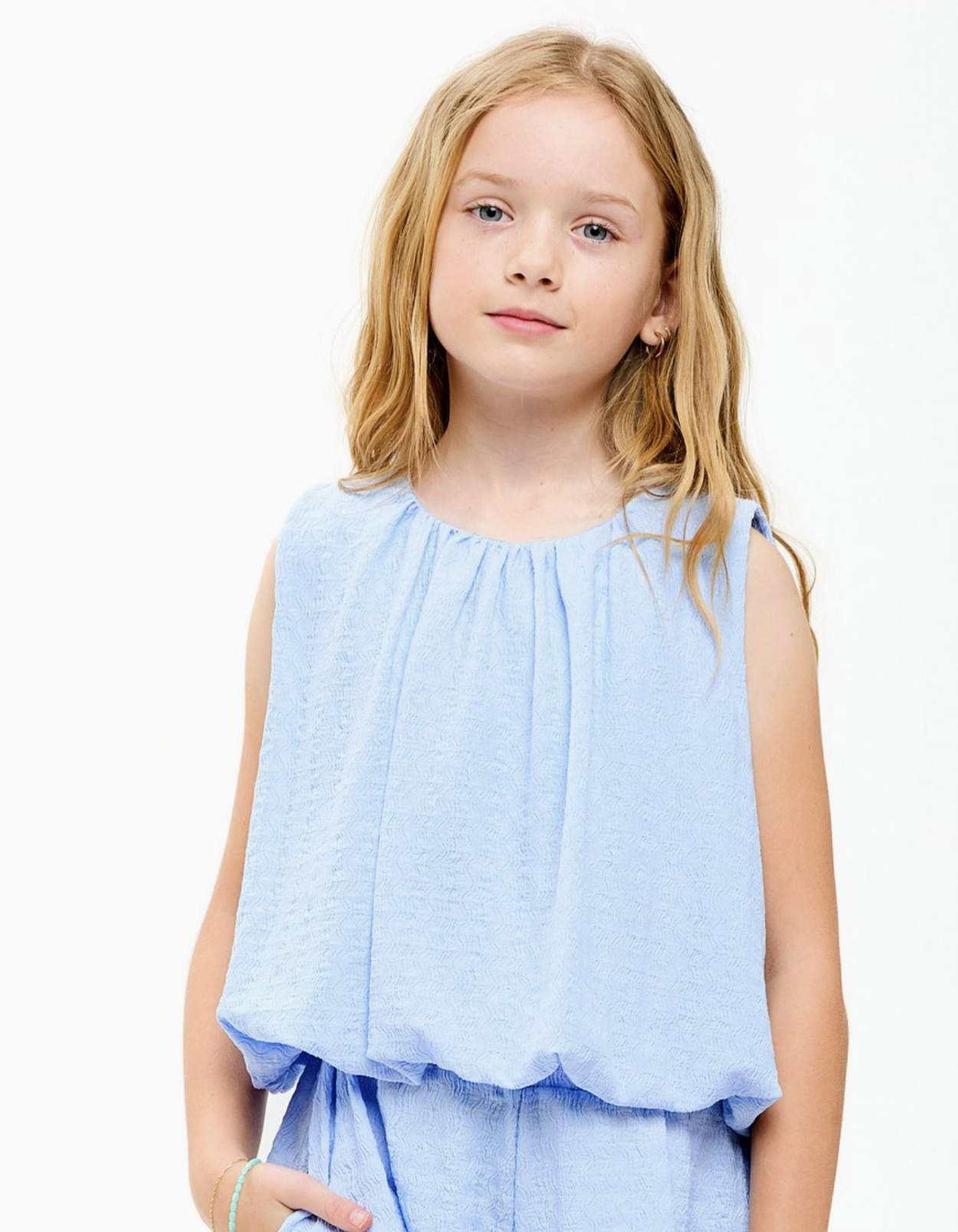 Good Girl Curly Wrinkled Sleeveless Bubble Top -  Blue