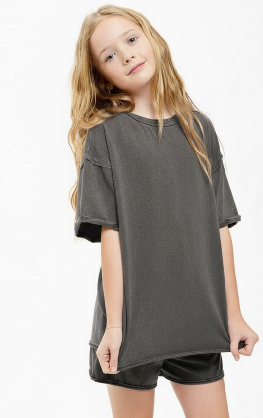 Good GIrl Mineral Washed Raw Edge Tee - Charcoal