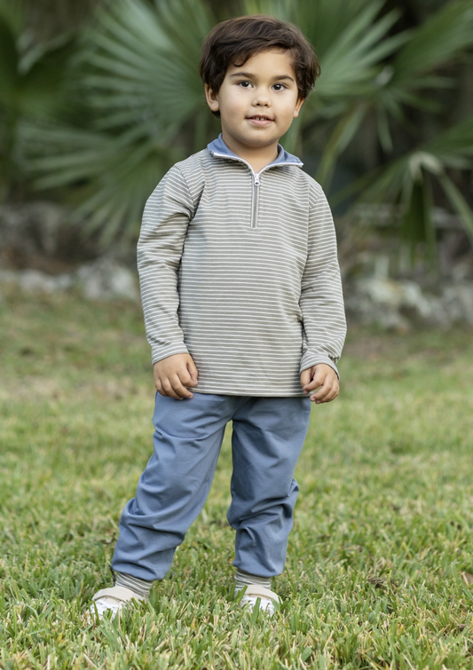 Trotter Street Kids Tucker Pullover Set - Beige Stripe/Blue
