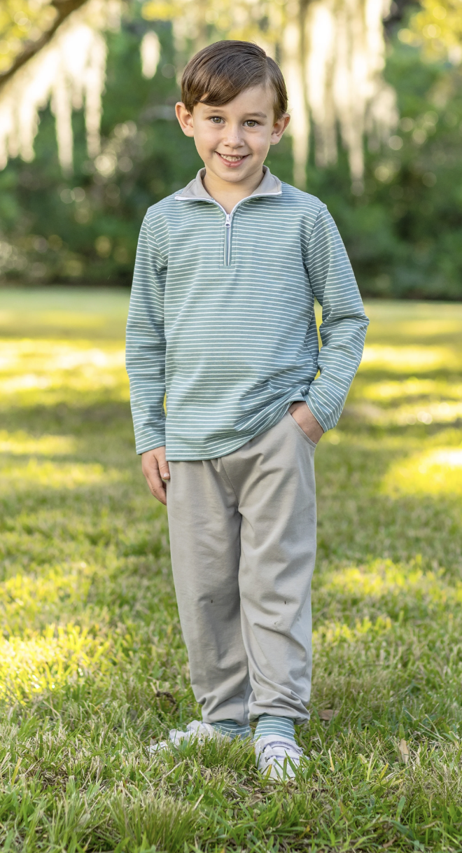 Trotter Street Kids Tucker Pullover Set - Sage Stripe/Beige