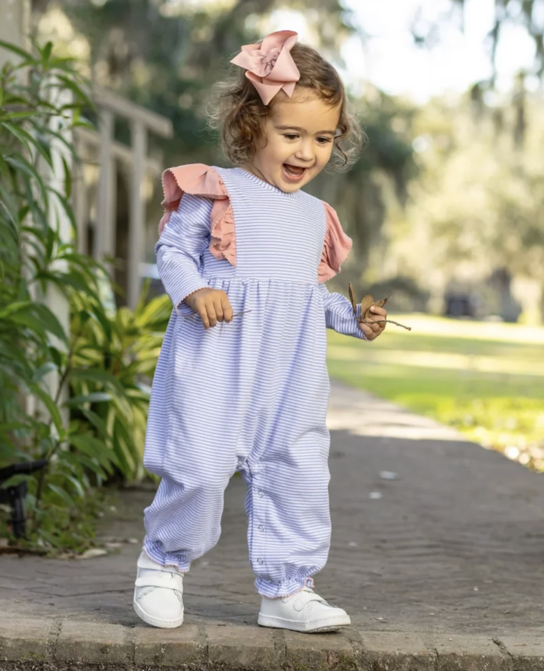 Trotter Street Kids Madison Romper - Dusty Blue Stripe/Mauve