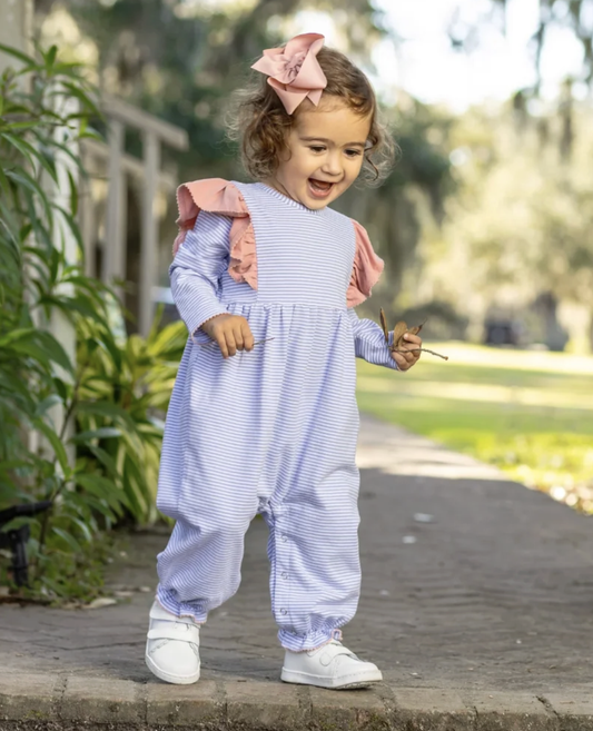 Trotter Street Kids Madison Romper - Dusty Blue Stripe/Mauve