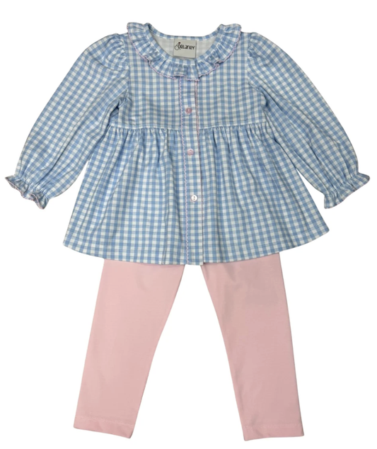Delaney Blue/White Check LS  top with Pink Leggings