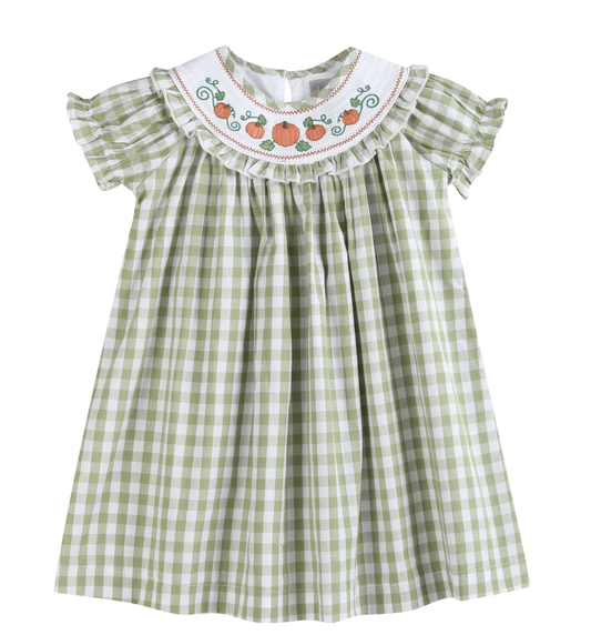 Lil Cactus Sage Gingham Pumpkin Smocked Dress