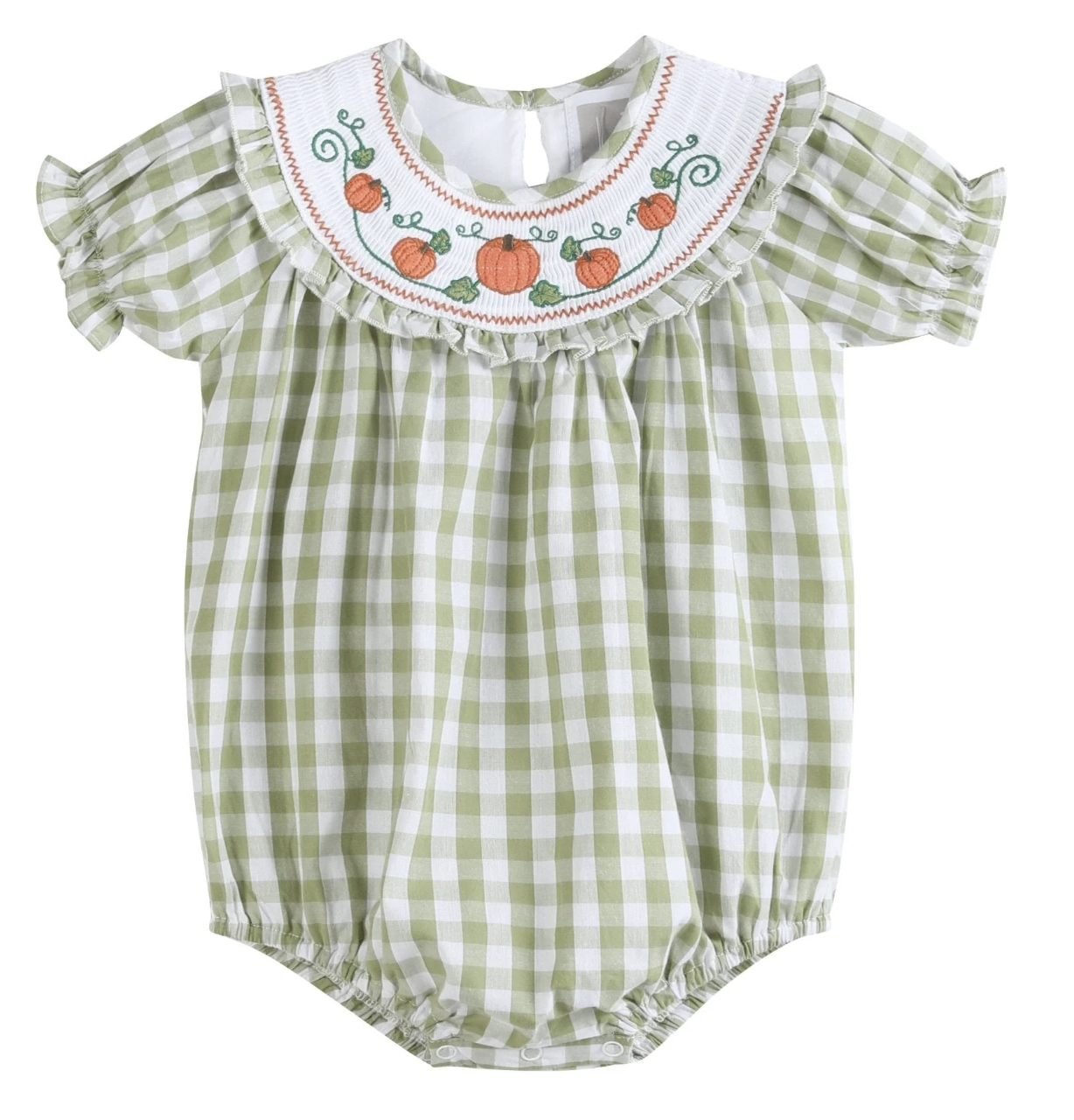 Lil Cactus Sage Gingham Pumpkin Smocked Romper
