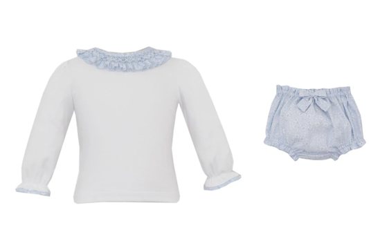 Petit Bebe Blue Floral Bloomer Set w Smocked Collar