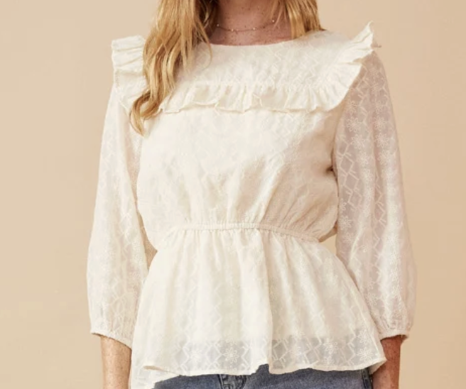 Hayden Girl Floral Embroidered Ruffled Yolk Peplum Top - Natural