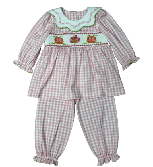 Delaney Pink/WHite Check LS Turkey Smocked Pant Set