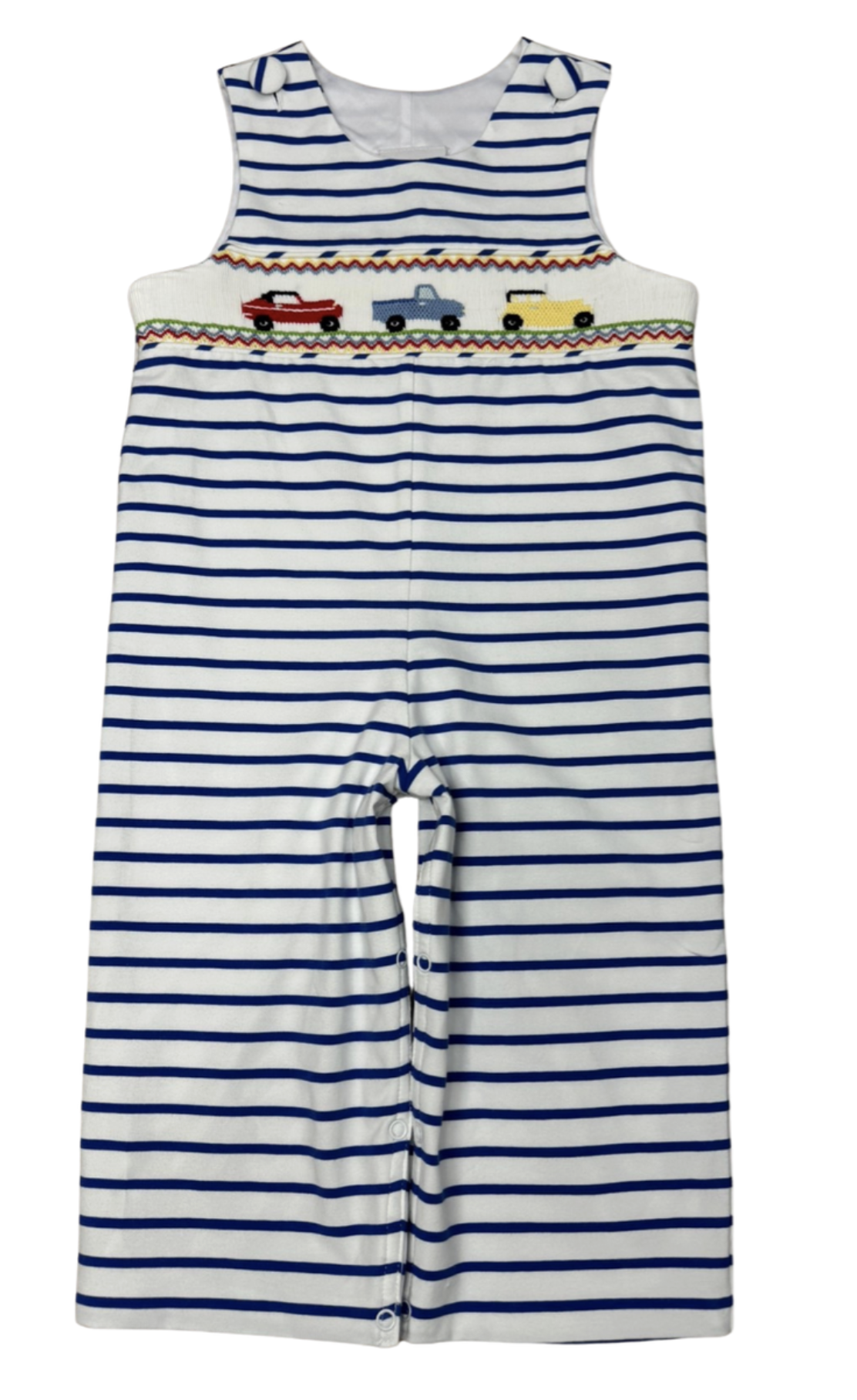 Delaney Blue Stripe Long Jon Jon w/Smocked Cars