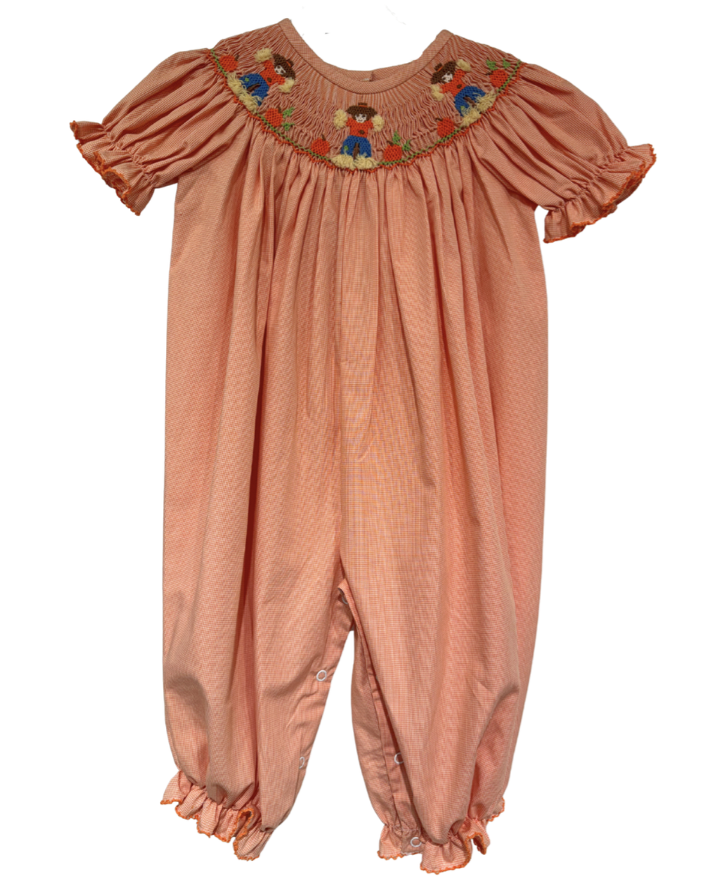 Delaney Orange Micro Check Smocked Scarecrow Romper