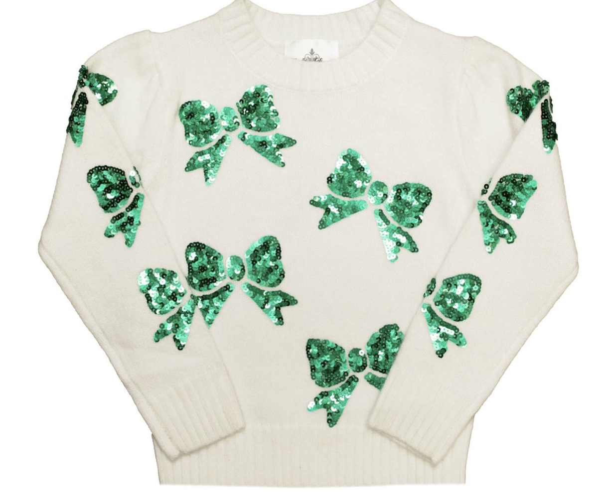 Belle Cher Cream Sweater with Green Sequin Bows