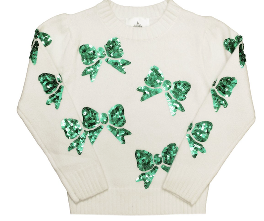 Belle Cher Cream Sweater with Green Sequin Bows