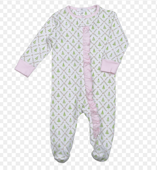 Baby Loren Christmas Trees Pima Zipper Footie - Pink