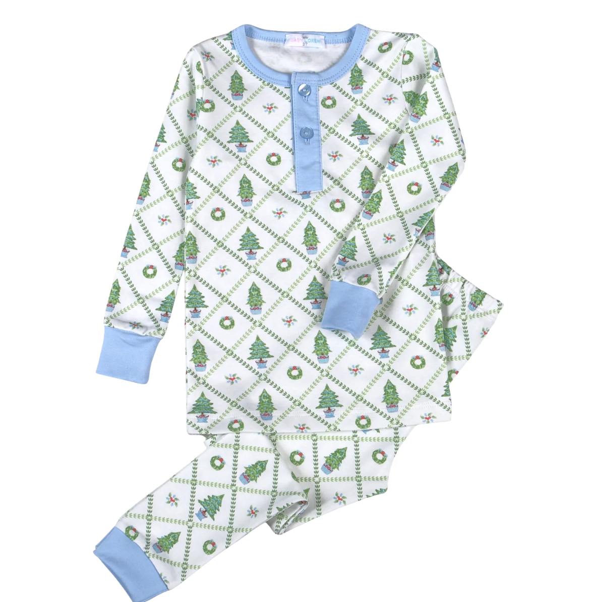 Baby Loren Blue Christmas Trees Pima Two Pc Loungewear