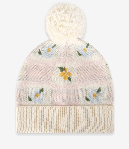 Viverano Mia Floral Knit Baby Beanie Hat with Pom