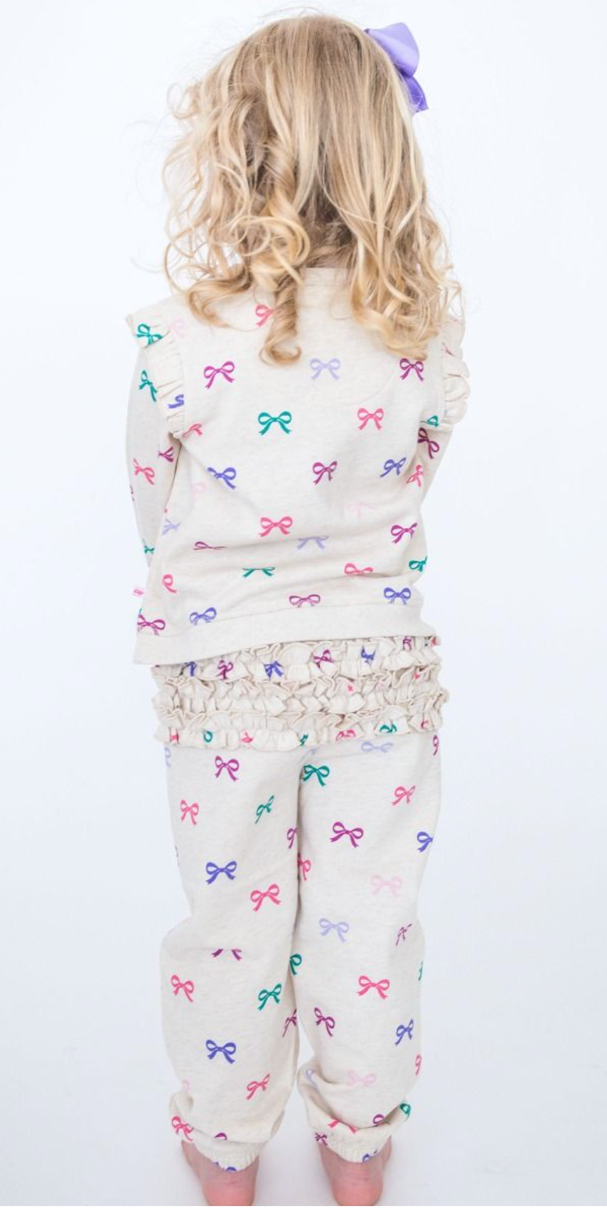 RuffleButts Heather Oatmeal Ribbons Jogger Set