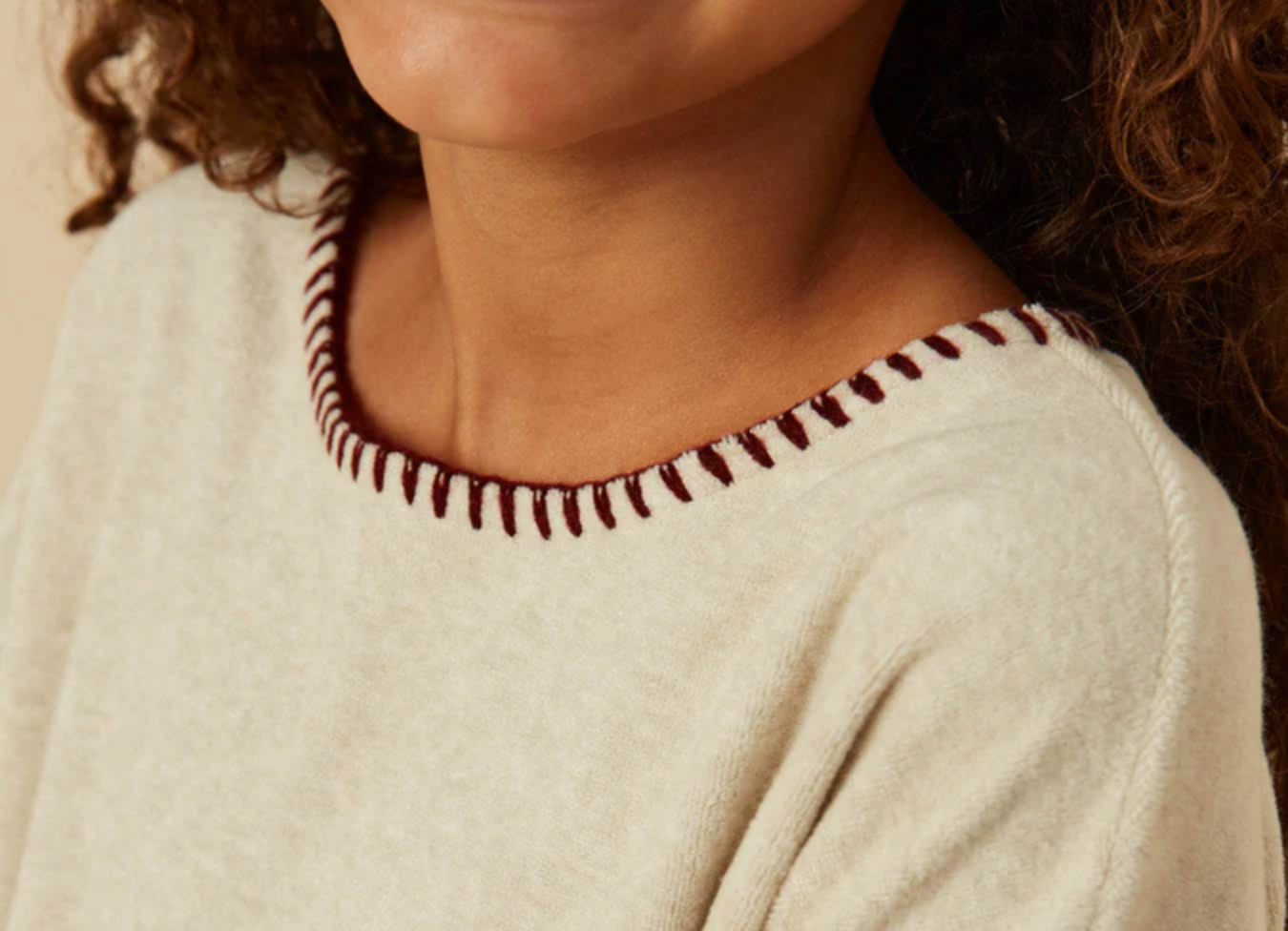 Hayden Girl Oatmeal Sweater with Wine Trim
