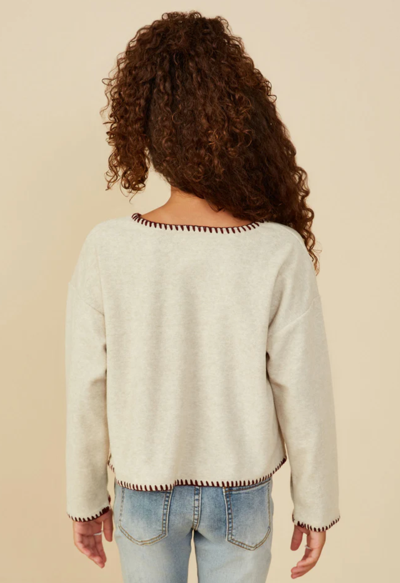 Hayden Girl Oatmeal Sweater with Wine Trim