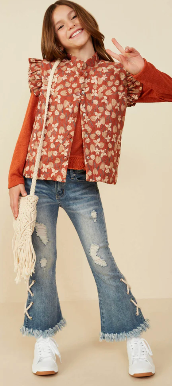 Hayden Girl Floral Print Corduroy Vest