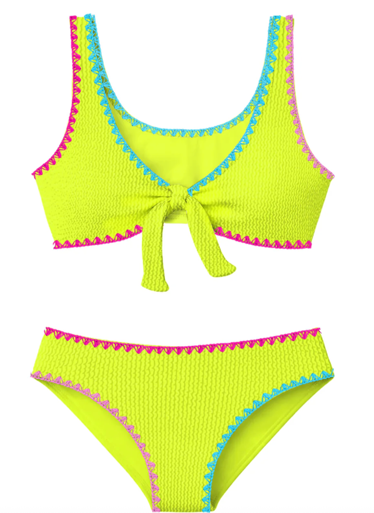 Limeapple Crinkle Tie Bikini with Embroidered Trim