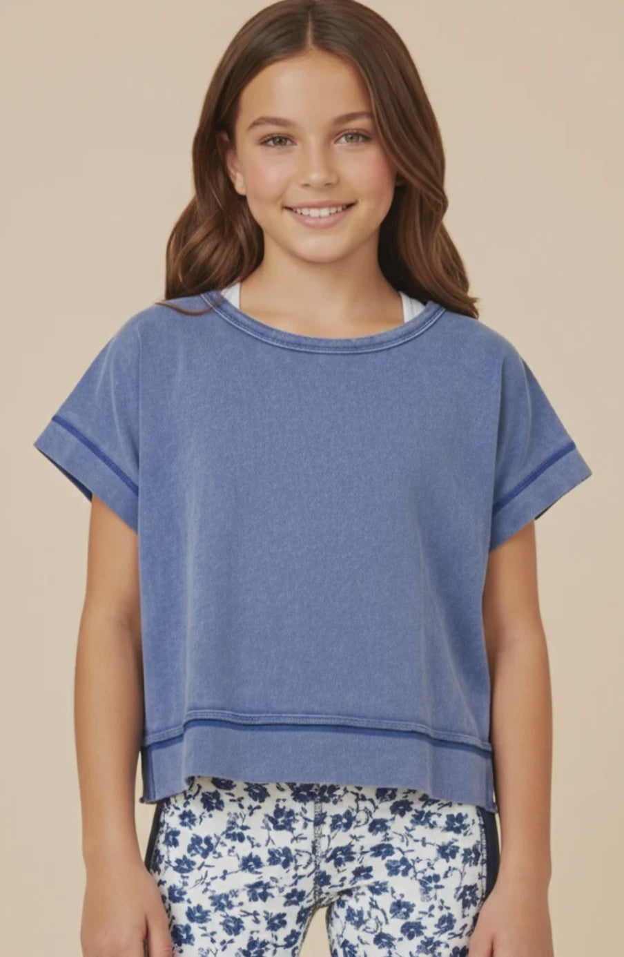Hayden Girl Open tulip Back Washed Knit Tee - Blue