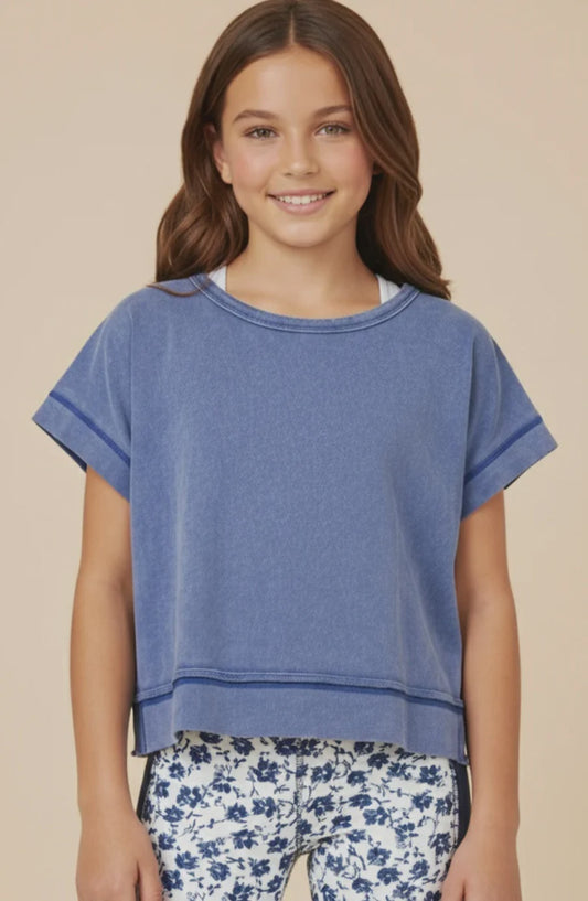 Hayden Girl Open tulip Back Washed Knit Tee - Blue
