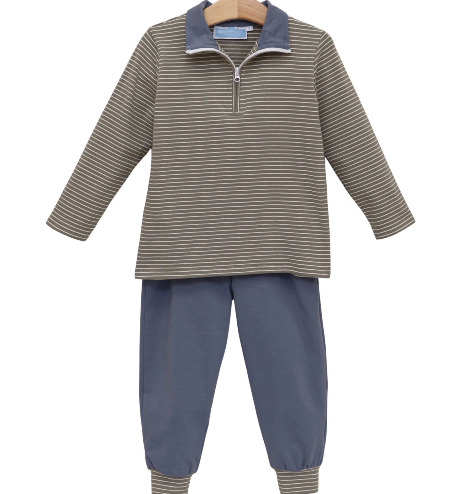 Trotter Street Kids Tucker Pullover Set - Beige Stripe/Blue