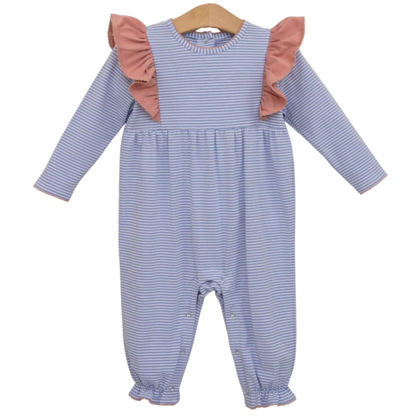 Trotter Street Kids Madison Romper - Dusty Blue Stripe/Mauve