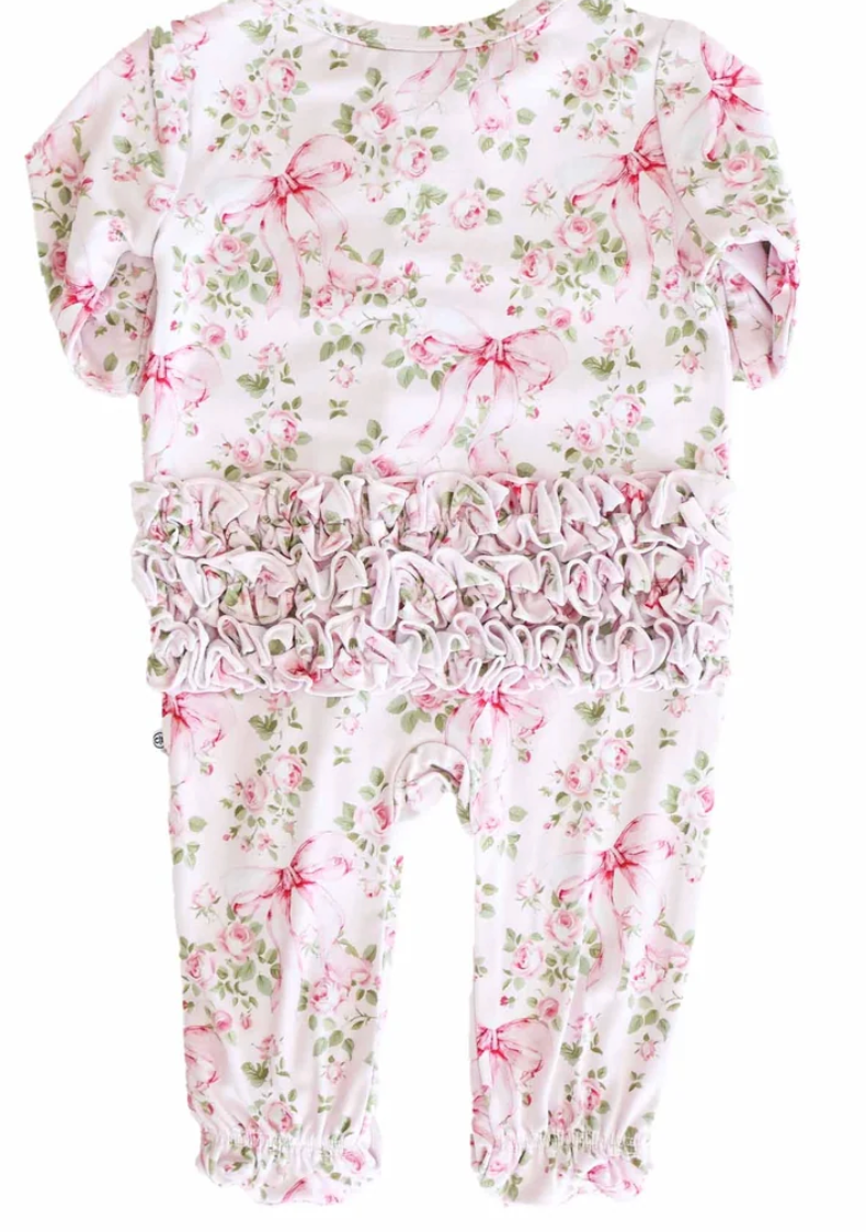 Caden Lane Girl Ruffle Zipper Footie - Bows In Bloom Pink