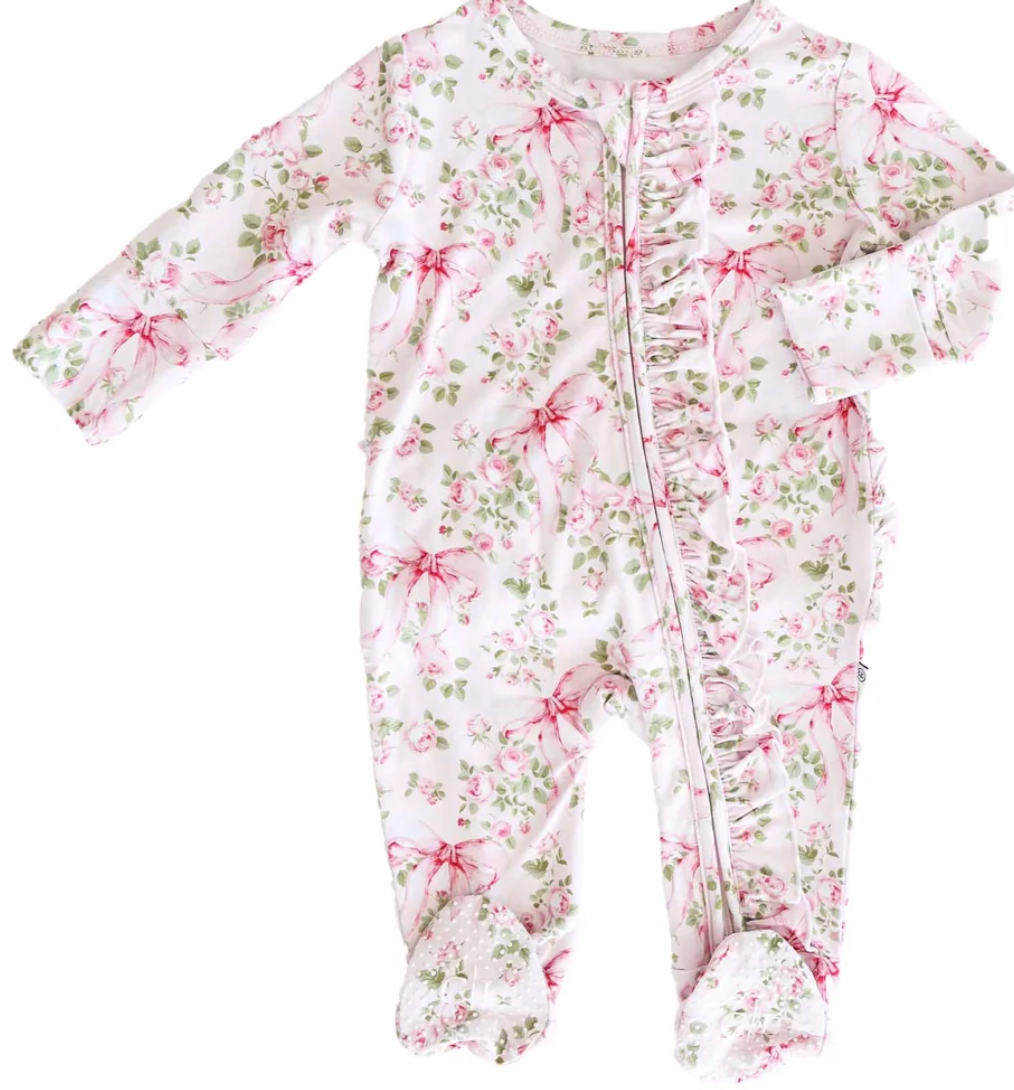 Caden Lane Girl Ruffle Zipper Footie - Bows In Bloom Pink