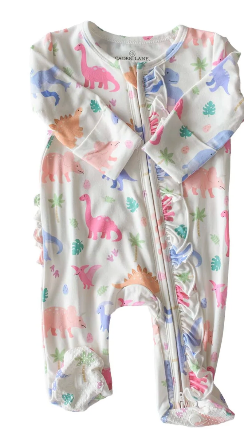 Caden Lane Little Fossil Ruffle Bamboo Zipper Footie