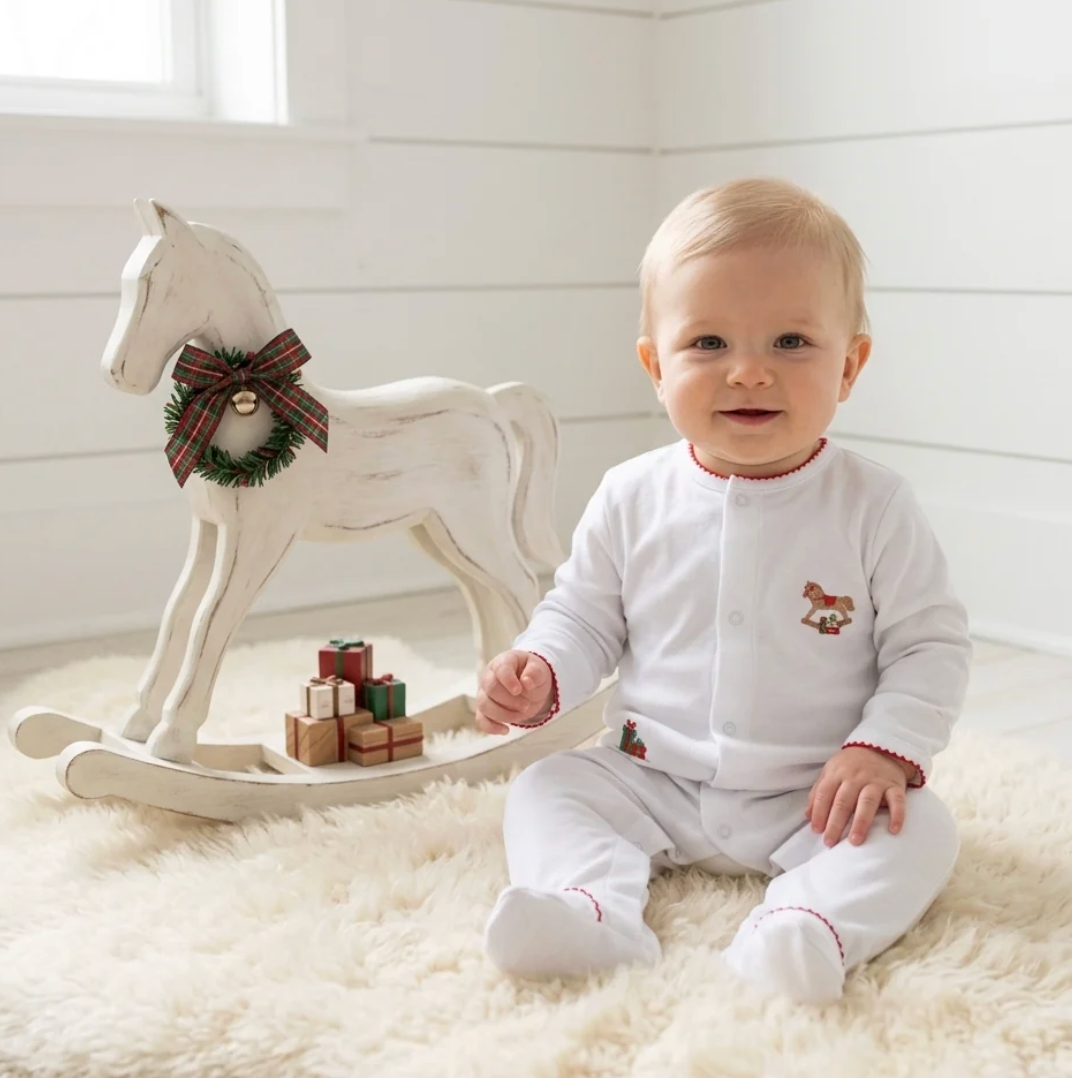 Baby Loren White Christmas Rocking Horse Pima Footie