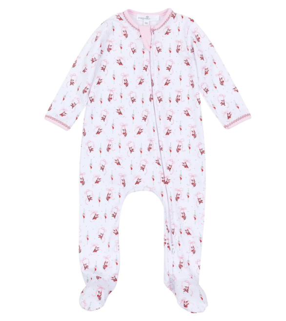 Magnolia Baby Jolly Ribbons Print Ruffle Zip Footie