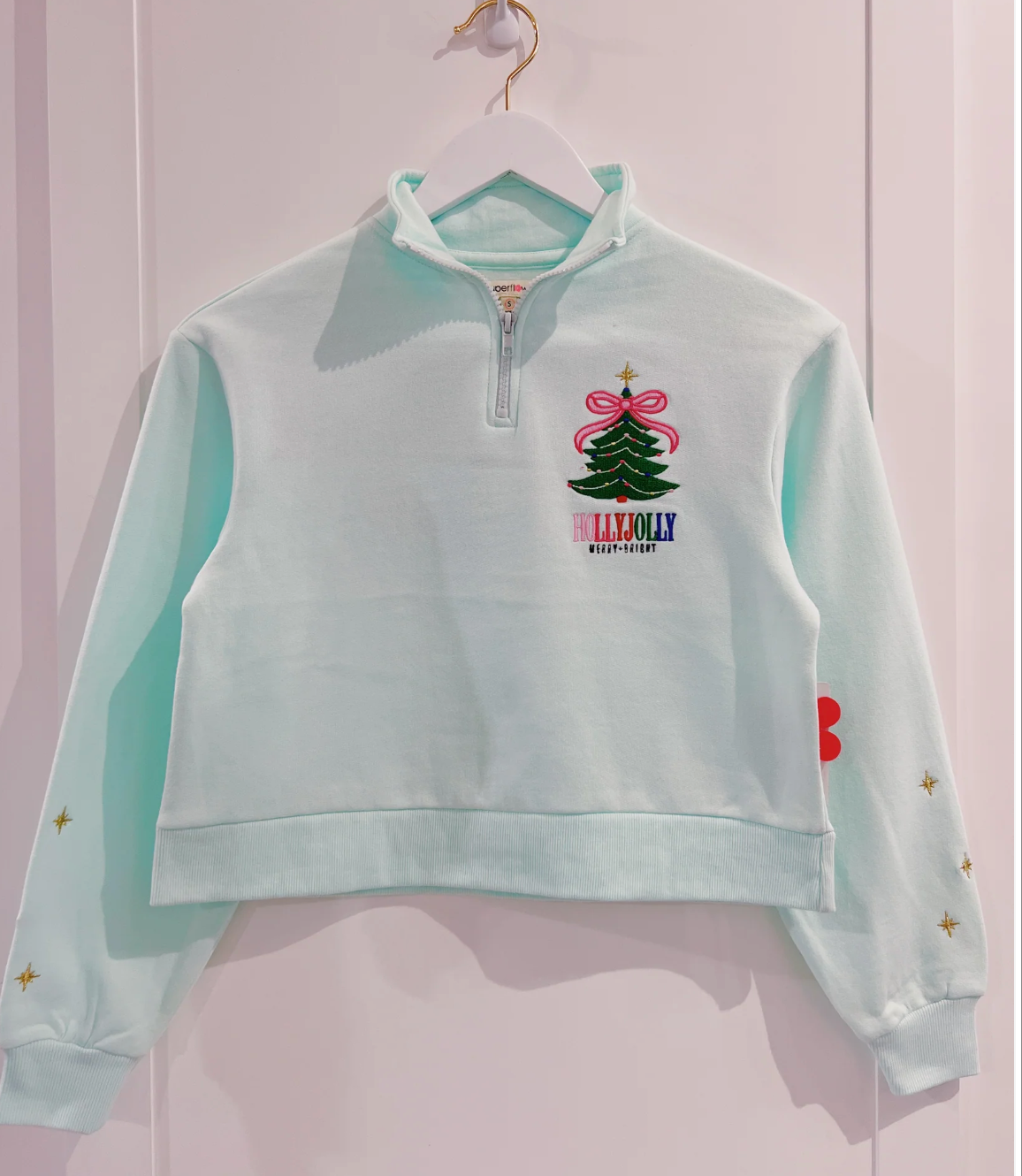 Paper Flower Holly Jolly Embroidery 1/4 zip Sweatshirt