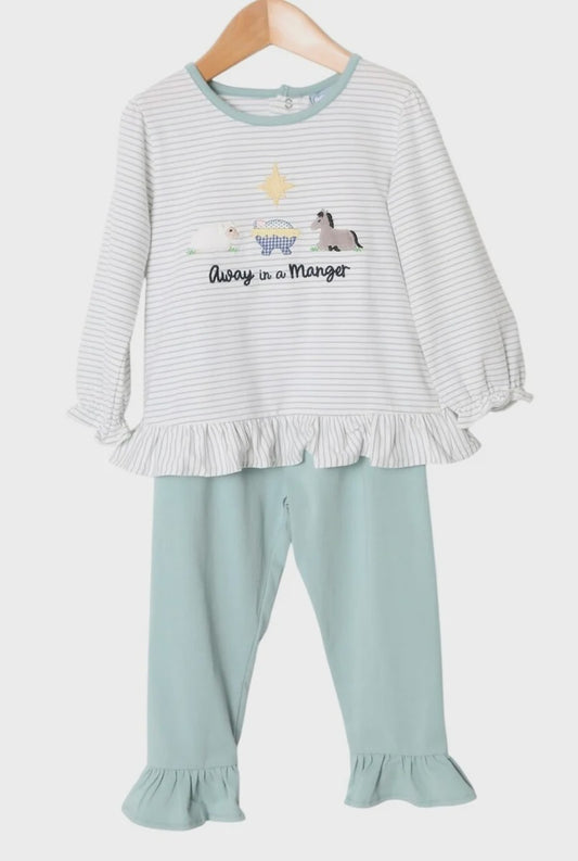 Three Sisters Away in a Manger Ruffle Pant Set