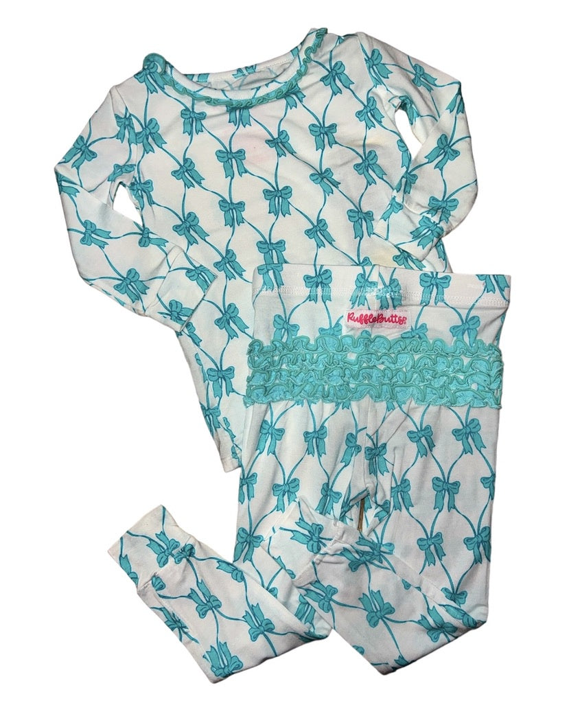 RuffleButts Teal Fairytale Bows PJ Set