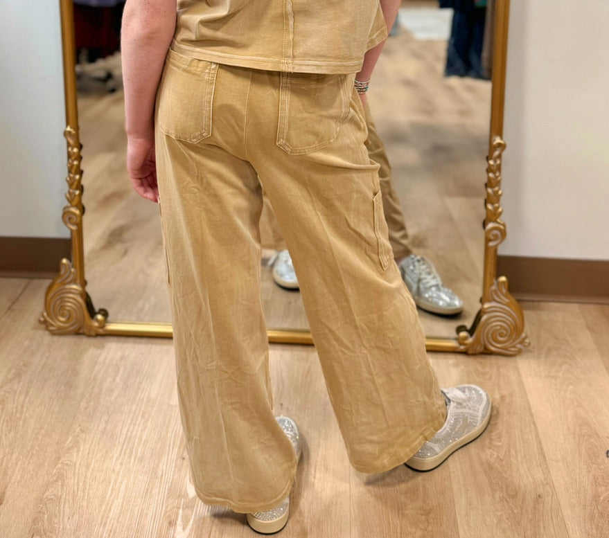 Taupe Washed Cargo Pocket Wide Leg Pant