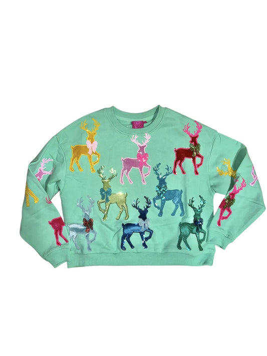 QOSKids Mint Green Sweatshirt With Velvet Reindeer & Bows