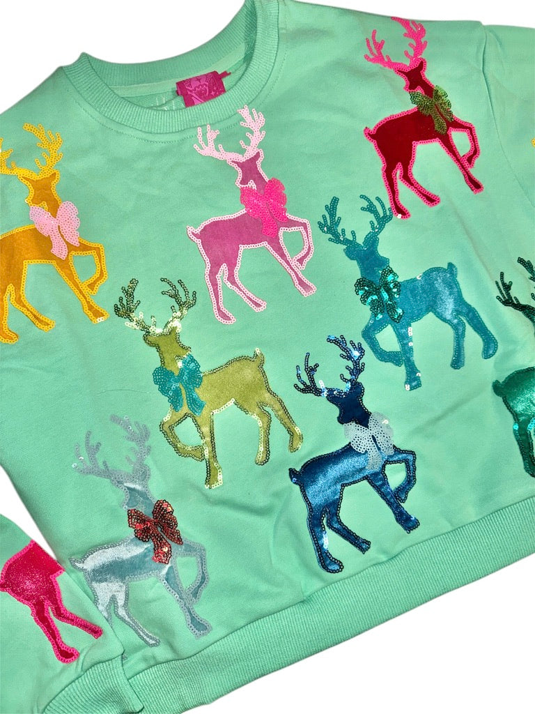 QOSKids Mint Green Sweatshirt With Velvet Reindeer & Bows