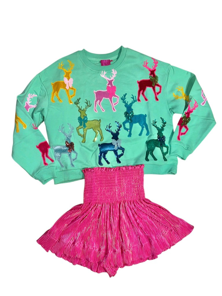 QOSKids Mint Green Sweatshirt With Velvet Reindeer & Bows