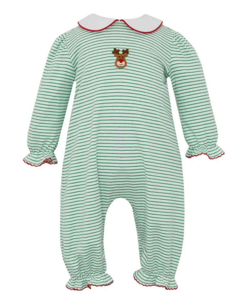 Petit Bebe Reindeer Face Green Stripe Girls Long Romper