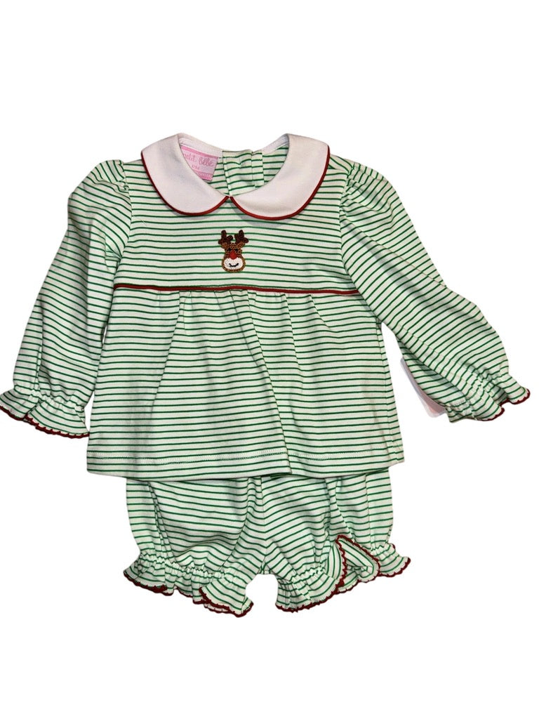 Petit Bebe Reindeer Face Green Stripe Bloomer Set